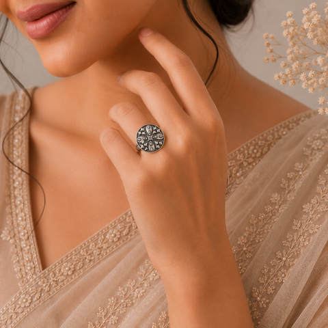 Deeksha Ethnic Border Design Silver Ring