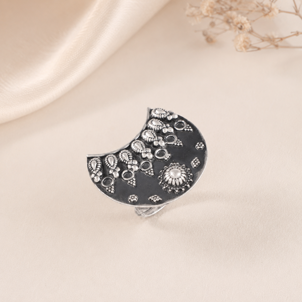 Jivika Tribal Moon Disk Silver Ring