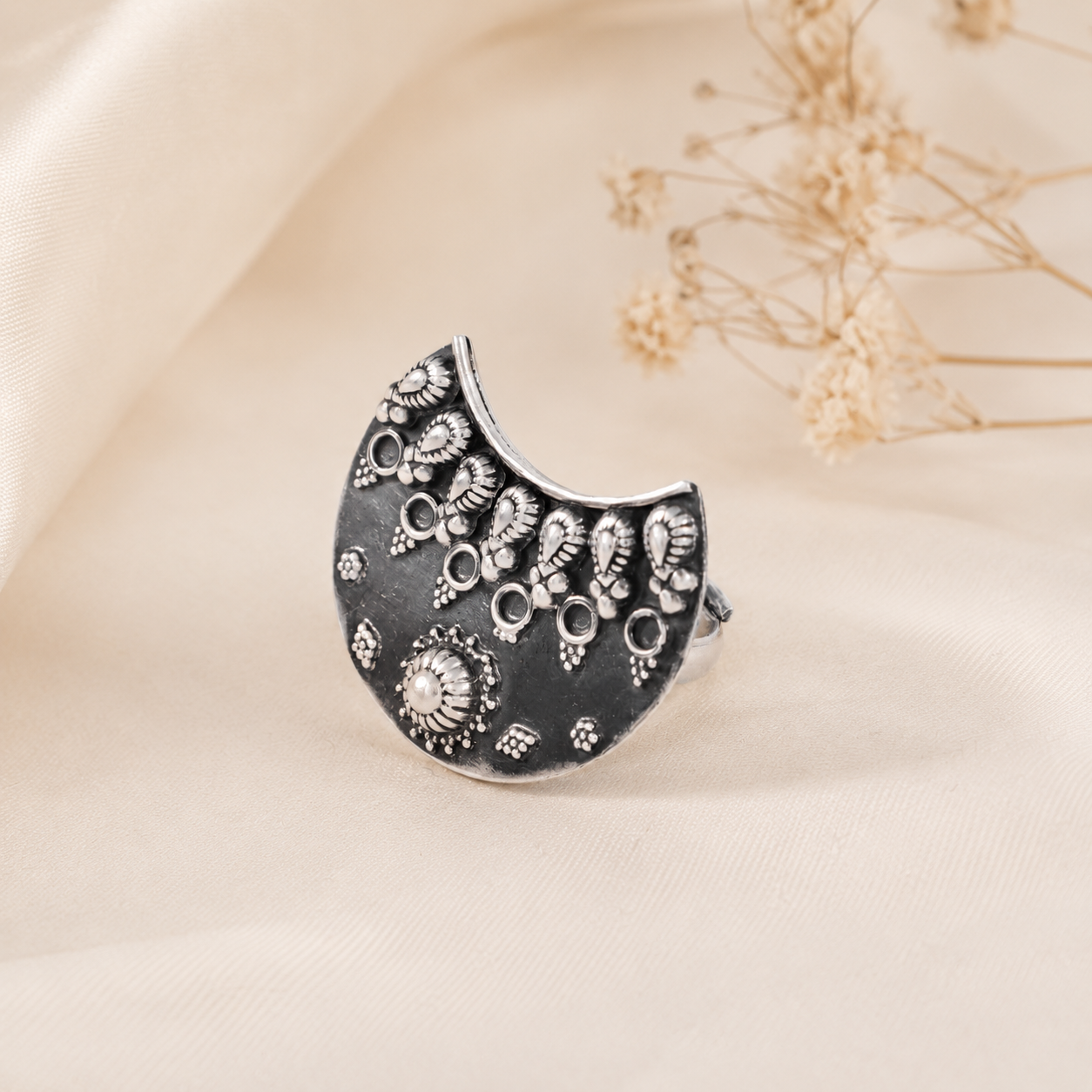 Jivika Tribal Moon Disk Silver Ring