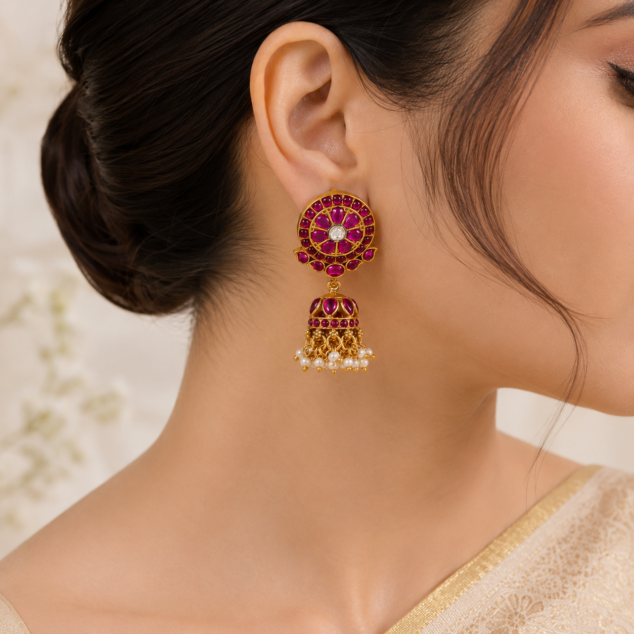Kumkum Rajwadi Florasl Design Silver Jhumki