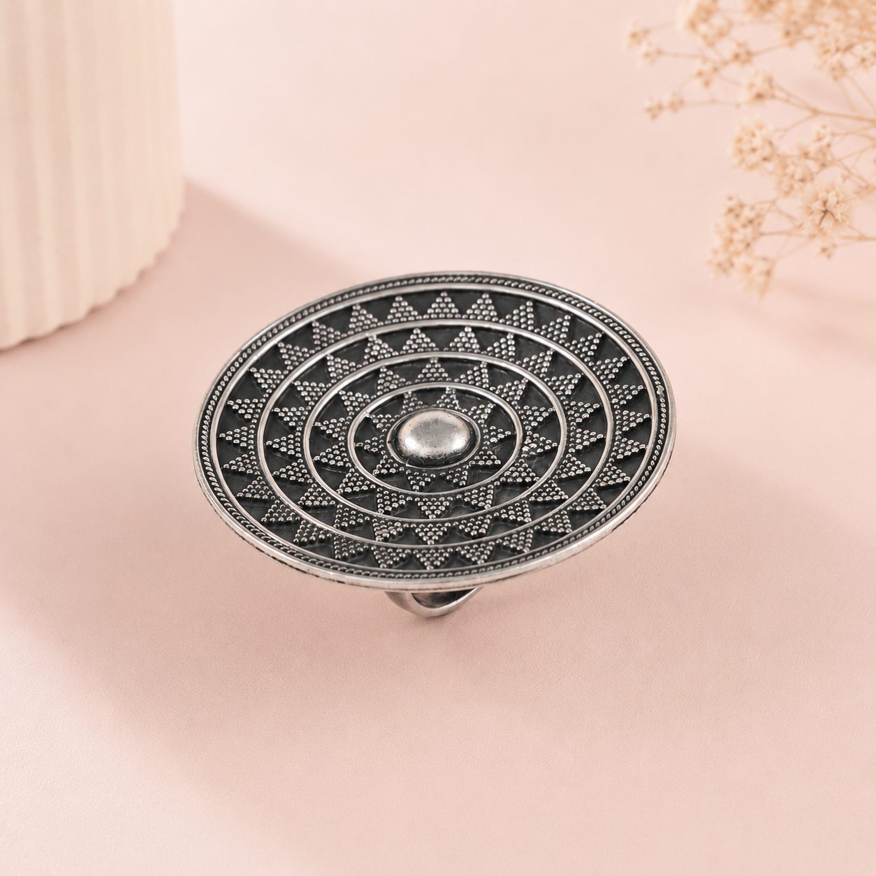 Meher Intricate Ethnic Circular Silver Ring