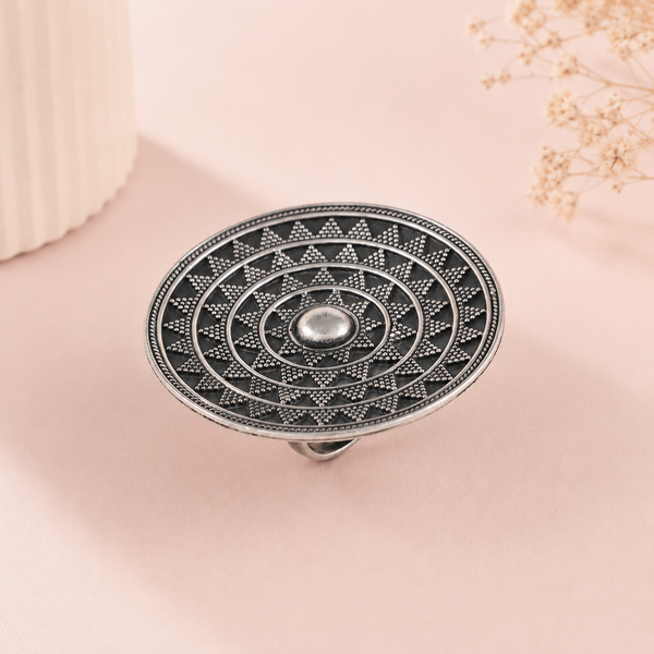 Meher Intricate Ethnic Circular Silver Ring