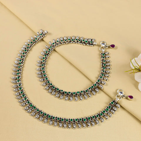 Jiya Green Stone Silver Anklets