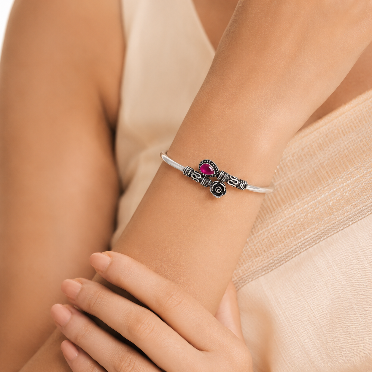 Nikita Ethnic Pink Stone Silver Bracelet