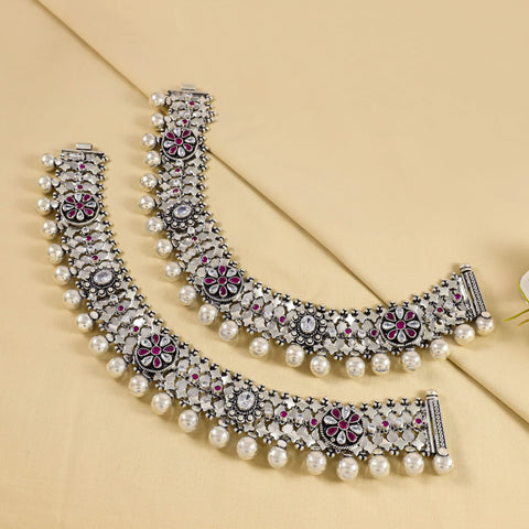 Kanika Floral Kundan Silver Anklets