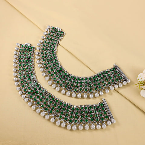 Mishti Green Stone With Peals Silver Anklets
