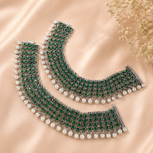 Mishti Green Stone With Peals Silver Anklets
