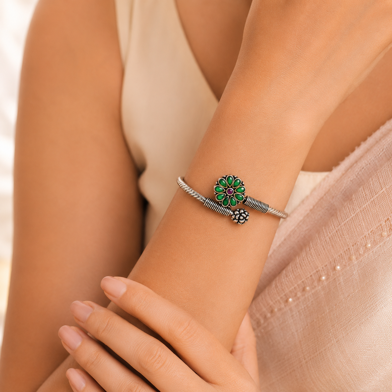 Sonali Floral Green Elegance Silver Bracelet
