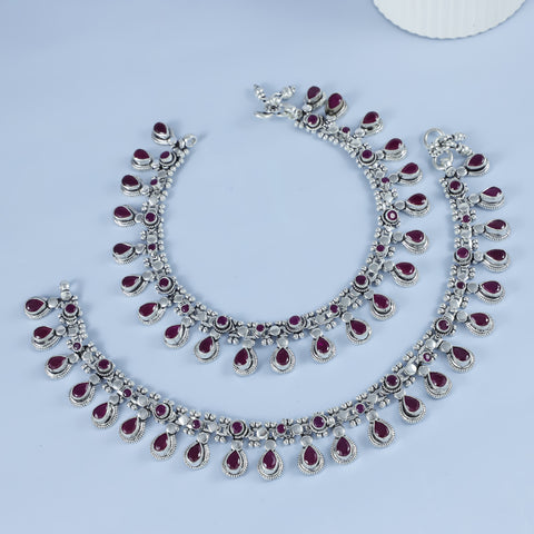 Varsha Classic Ruby Fringe Silver Anklets