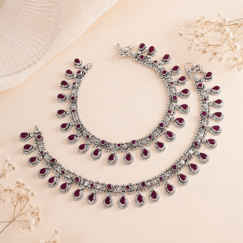 Varsha Classic Ruby Fringe Silver Anklets