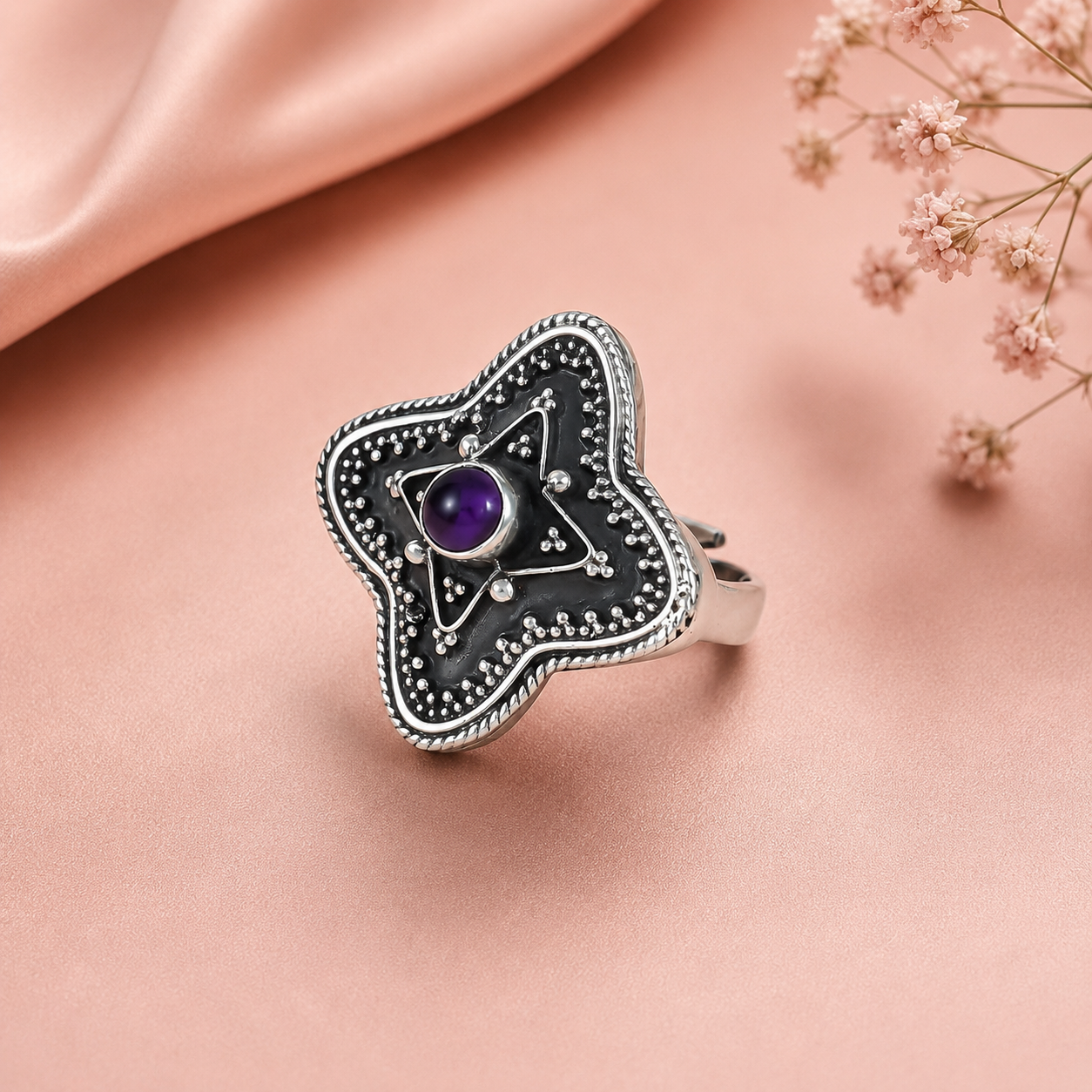 Esha Purple Aura Statement Silver Ring