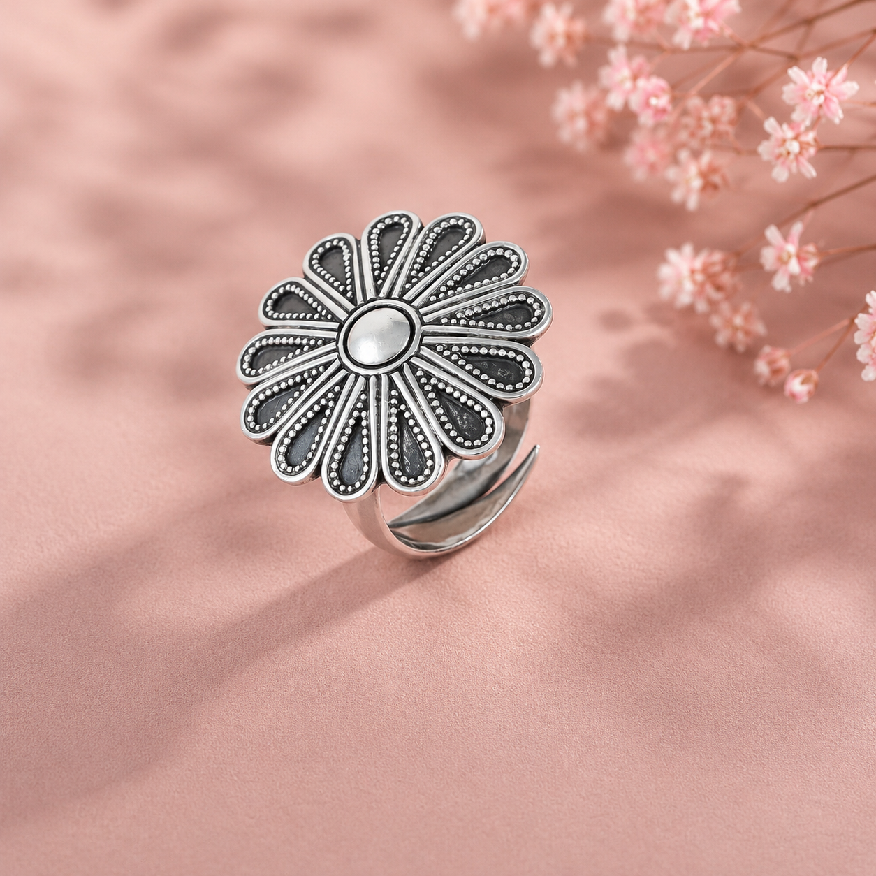 Varnika Floral Halo Silver Ring