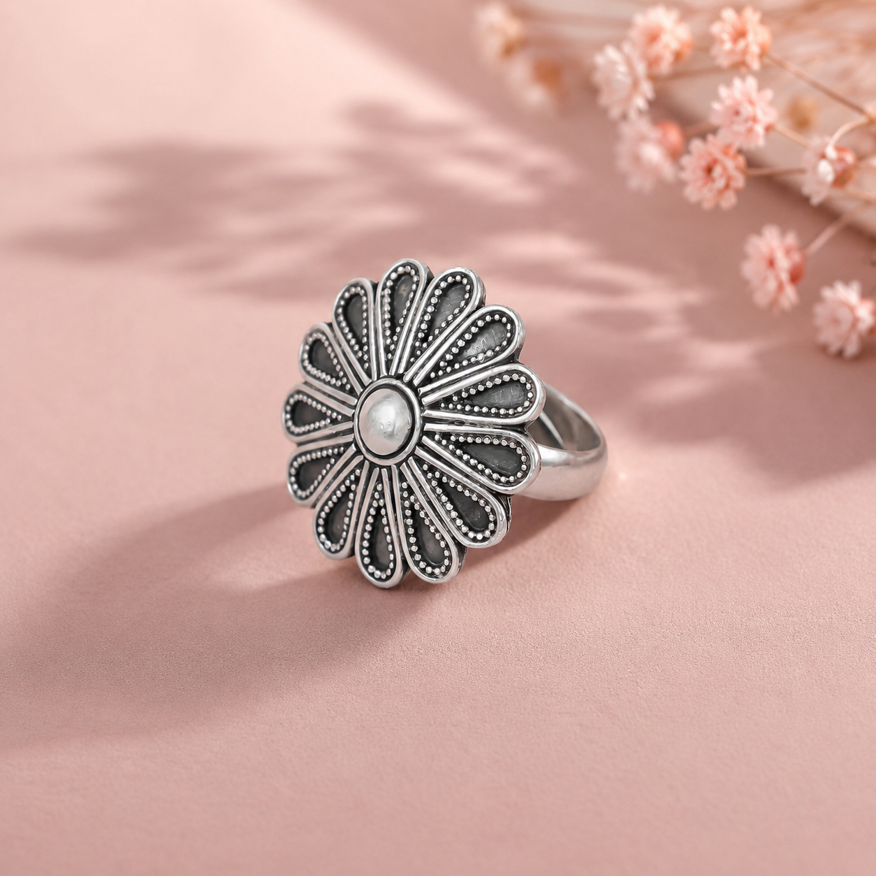 Varnika Floral Halo Silver Ring