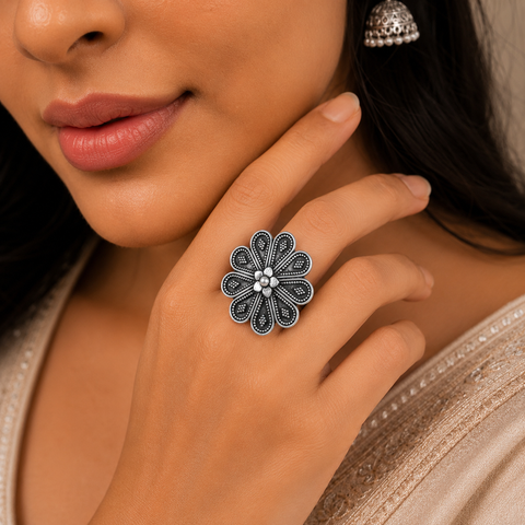 Varnika Floral Silver Ring