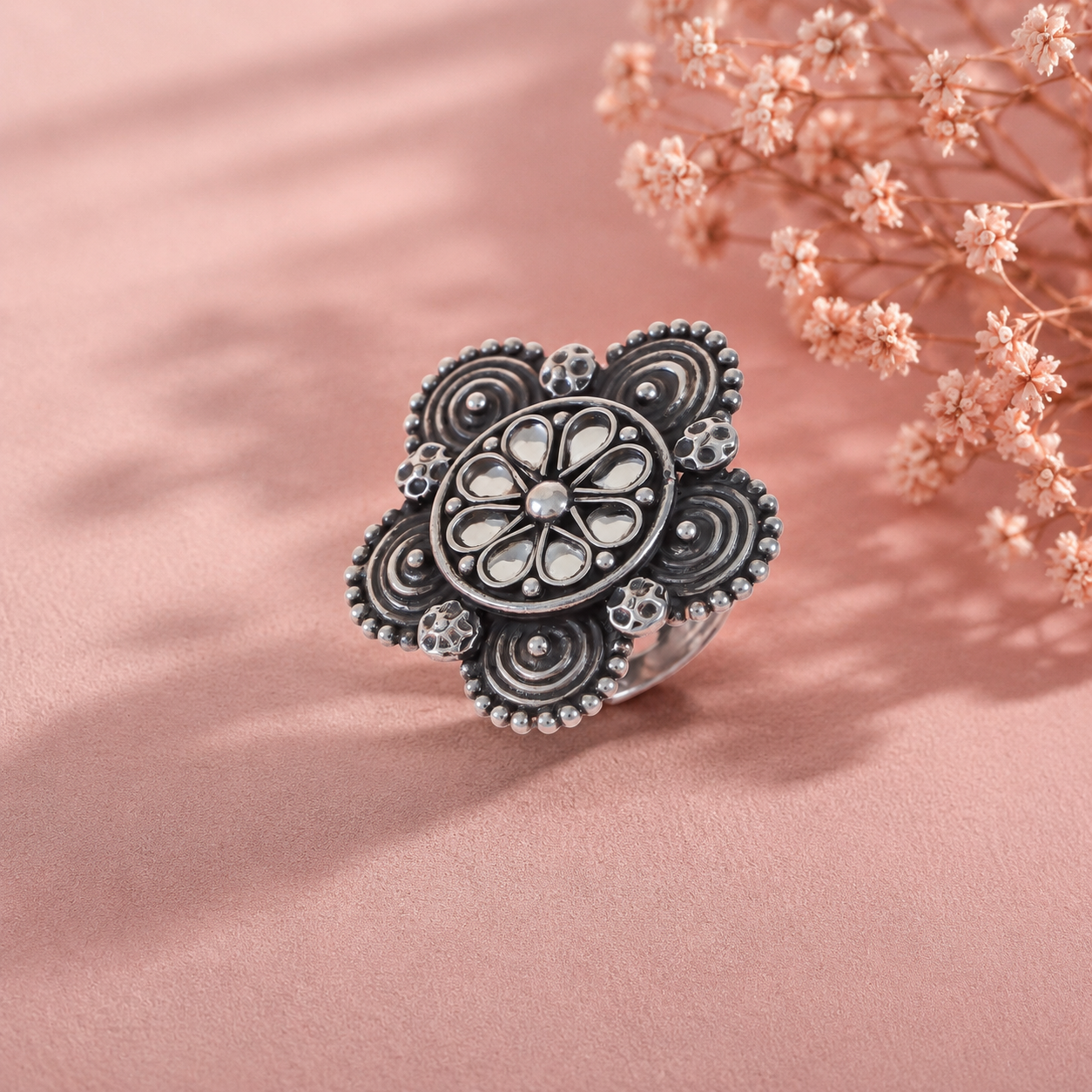 Zoya Floral Charm Silver Ring