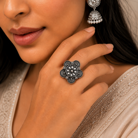 Zoya Floral Charm Silver Ring
