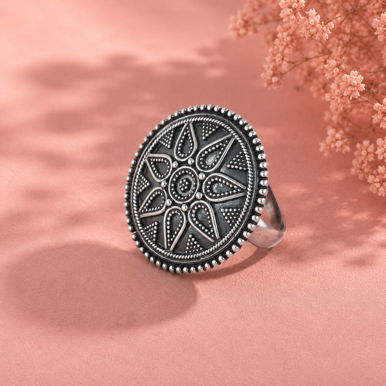 Aarna Antique Floral Silver Ring