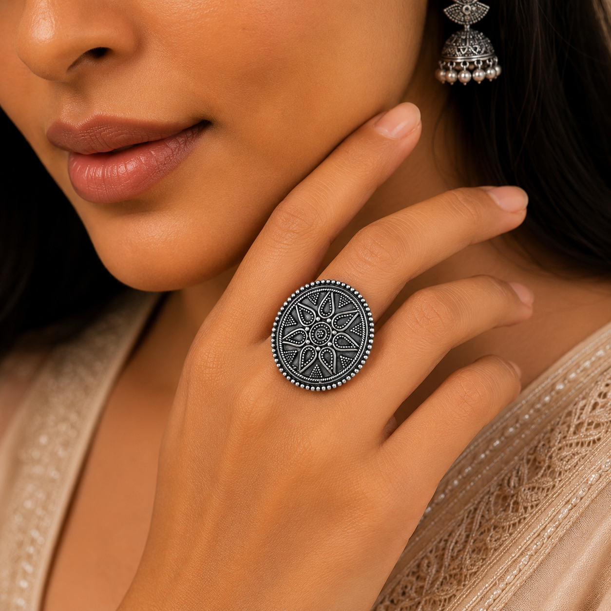 Aarna Antique Floral Silver Ring