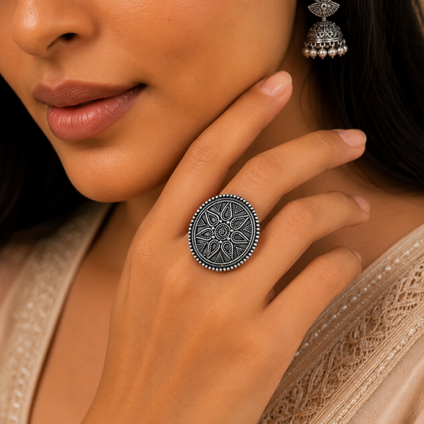 Aarna Antique Floral Silver Ring