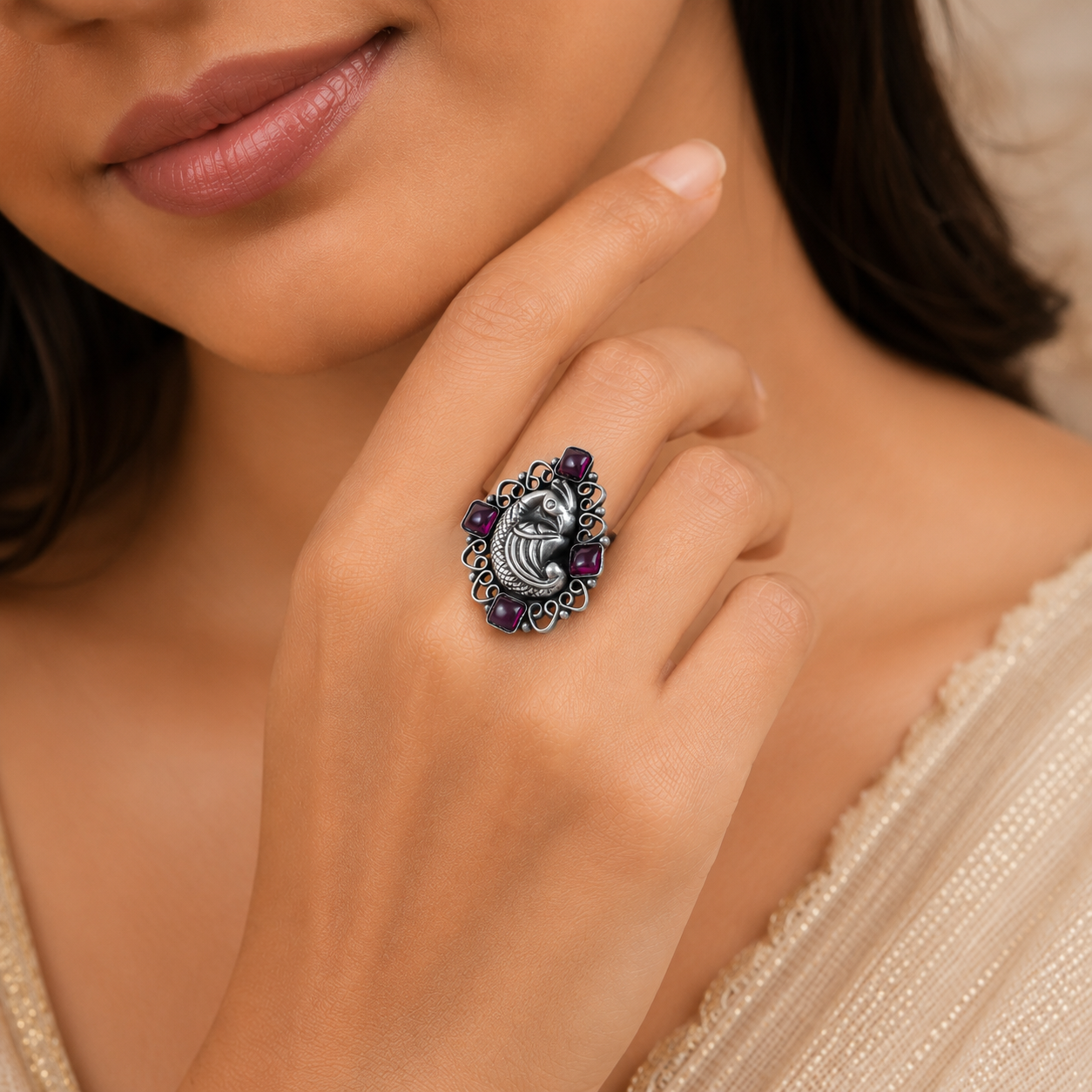 Inaya Antique Fish Art Silver Ring