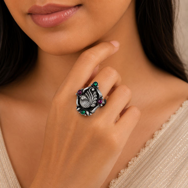 Navika Traditional Peacock Design Silver Ring