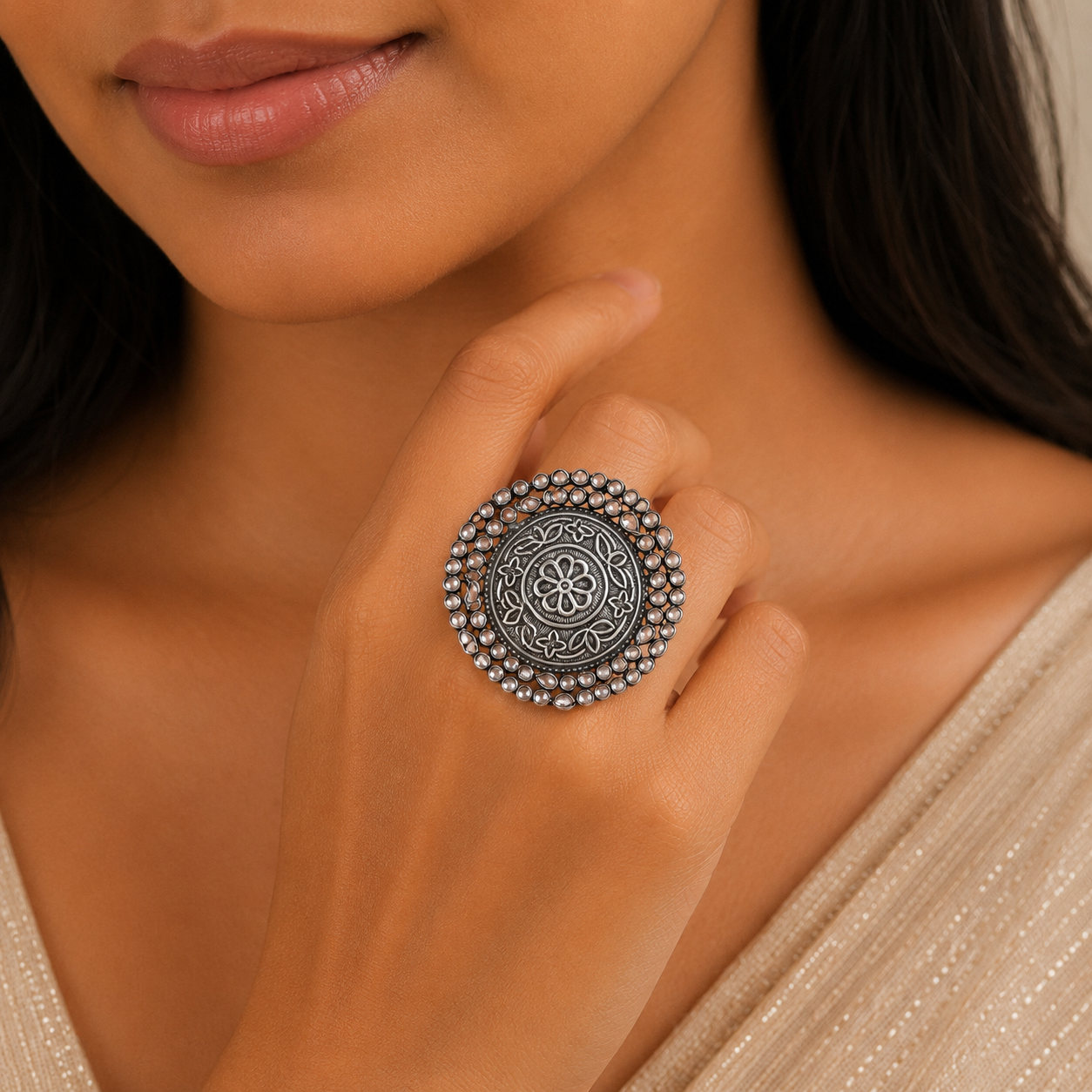 Prisha Floral Charm Silver Ring