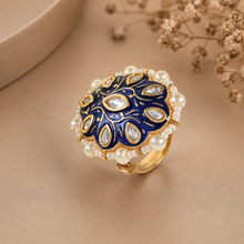 Kundan  Blue Pearl Crown Silver Ring