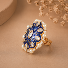 Kundan  Blue Pearl Crown Silver Ring