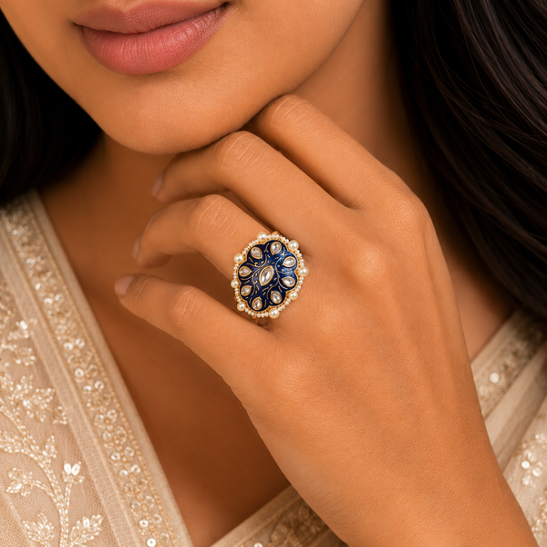 Kundan  Blue Pearl Crown Silver Ring