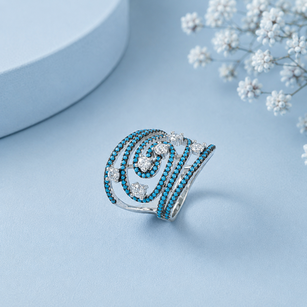 Kiara Blue Aura Swirl Silver Ring