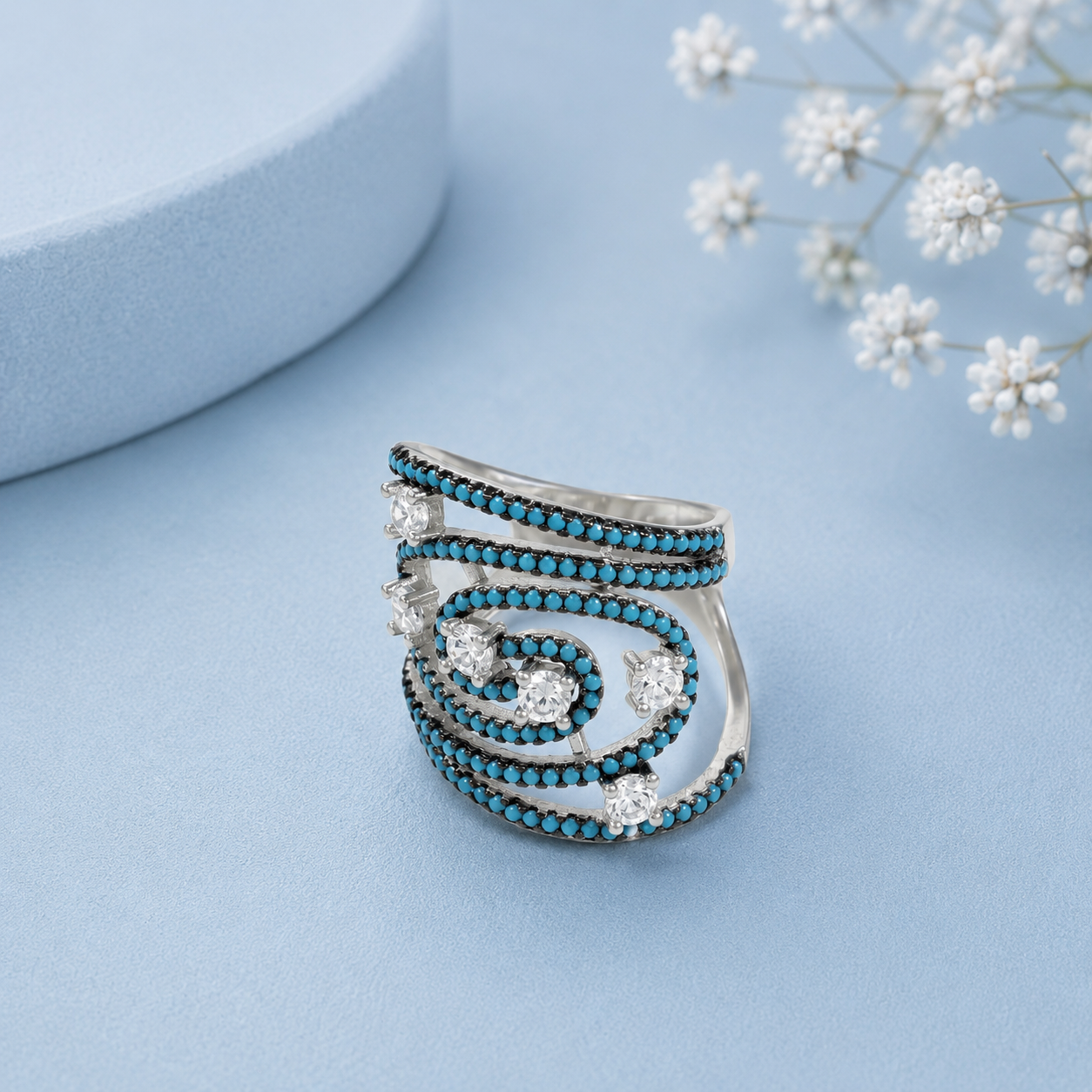 Kiara Blue Aura Swirl Silver Ring