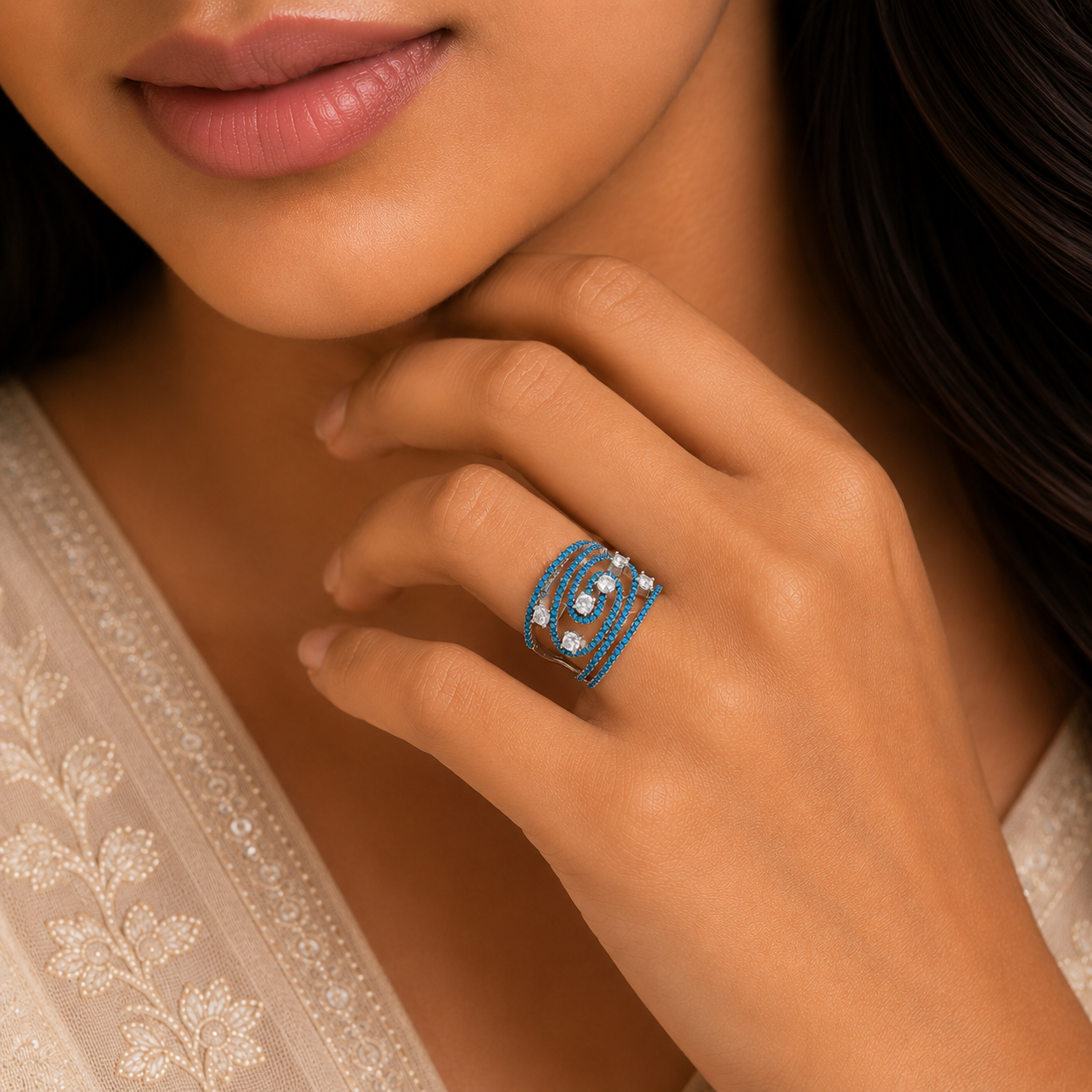 Kiara Blue Aura Swirl Silver Ring