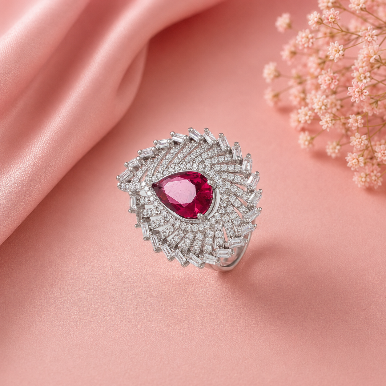 Vriti Crimson Teardrop Silver Ring