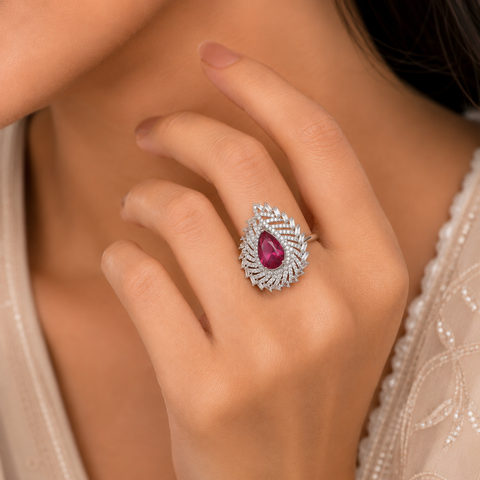 Vriti Crimson Teardrop Silver Ring