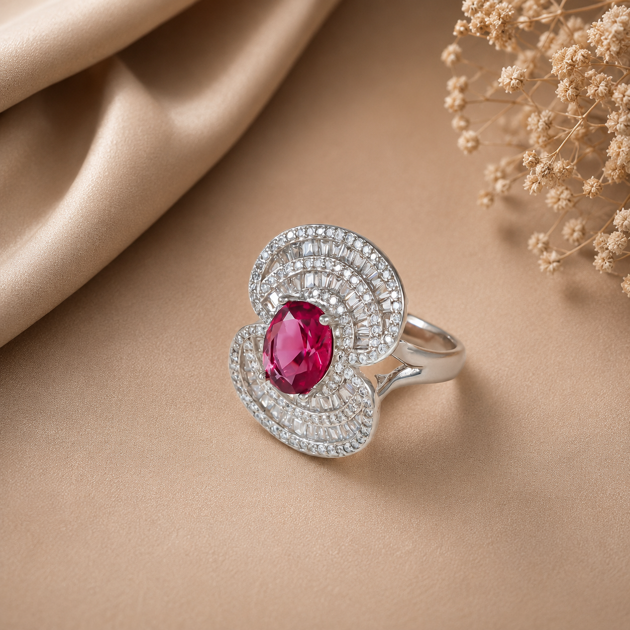 Diya Crimson Glow Silver Ring