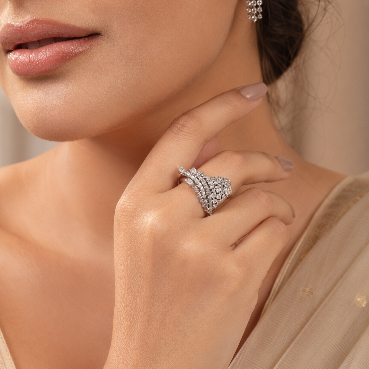 Esha Crystal Waterfall Silver Ring