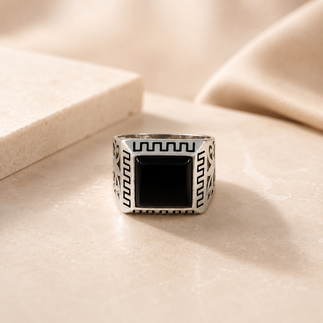 Laksh Black Stone Silver Ring For Him