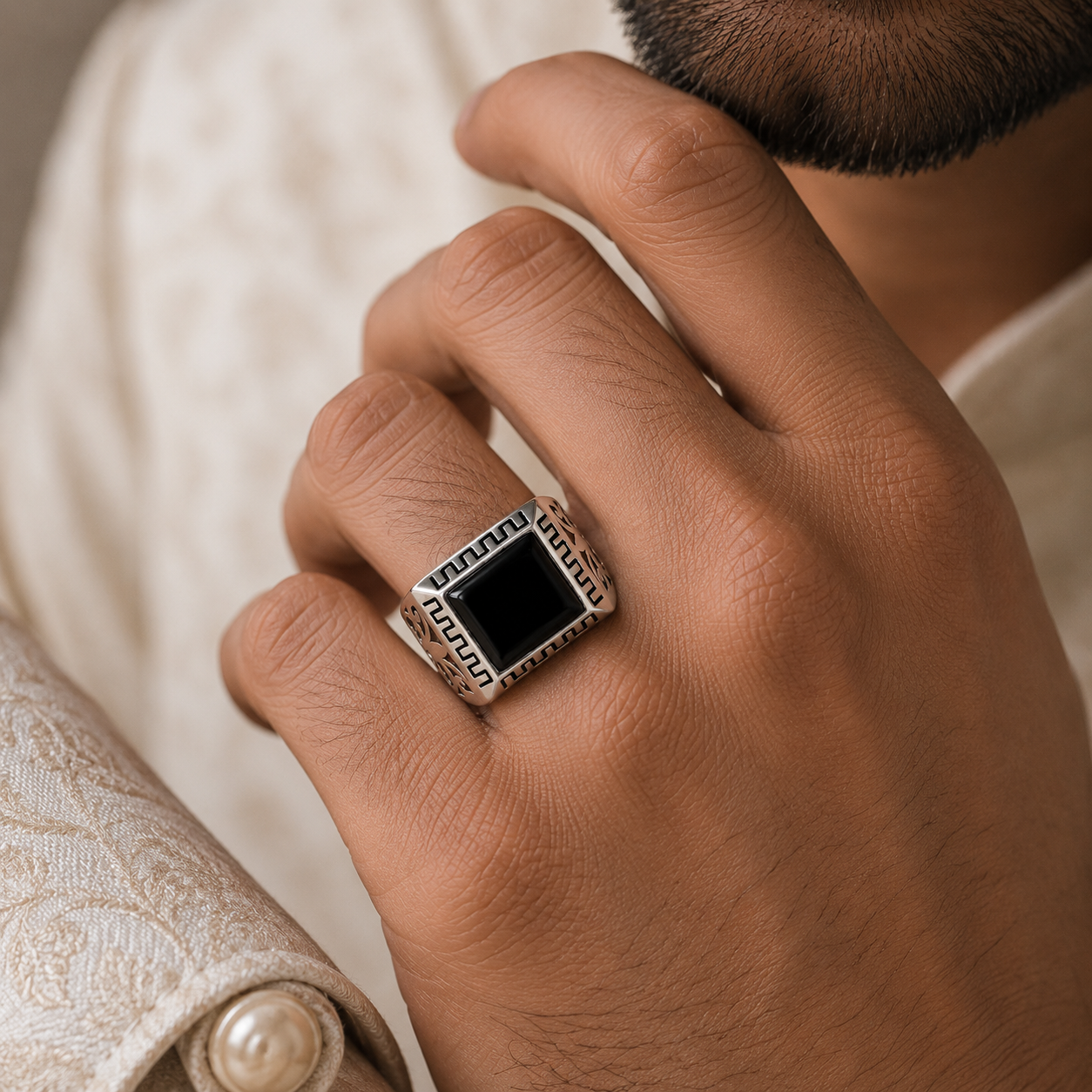 Laksh Black Stone Silver Ring For Him