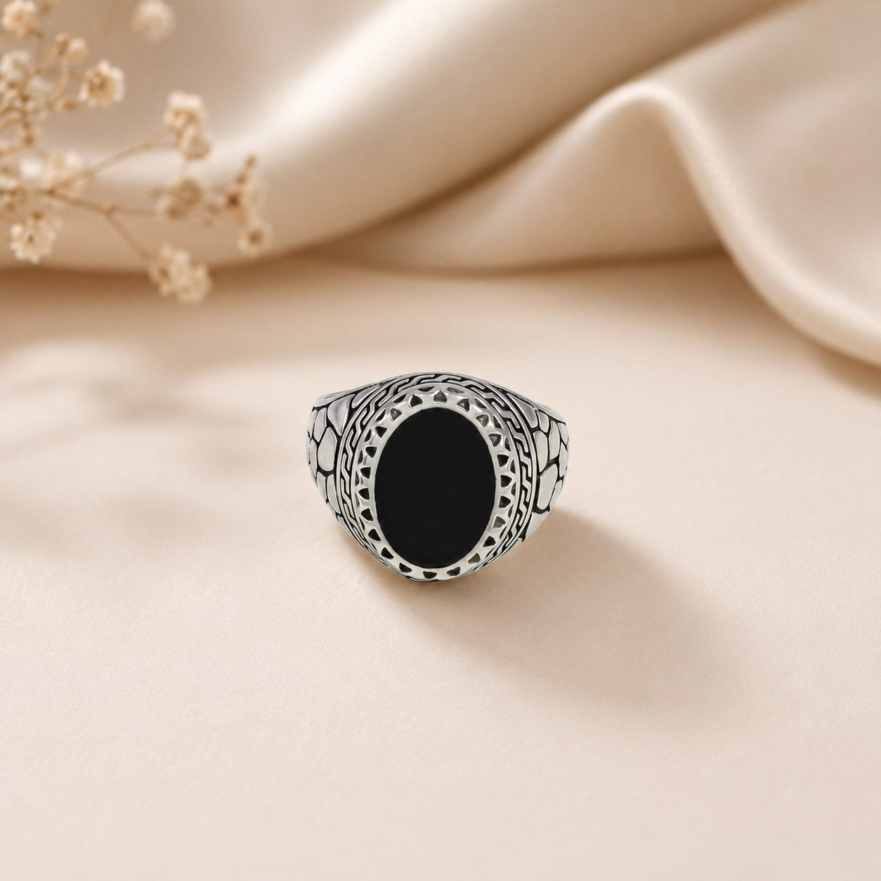 Kartik Royal Black Oval Silver Ring For Him