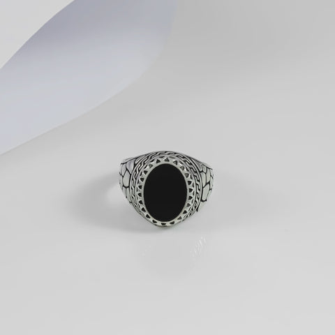 Kartik Royal Black Oval Silver Ring For Him