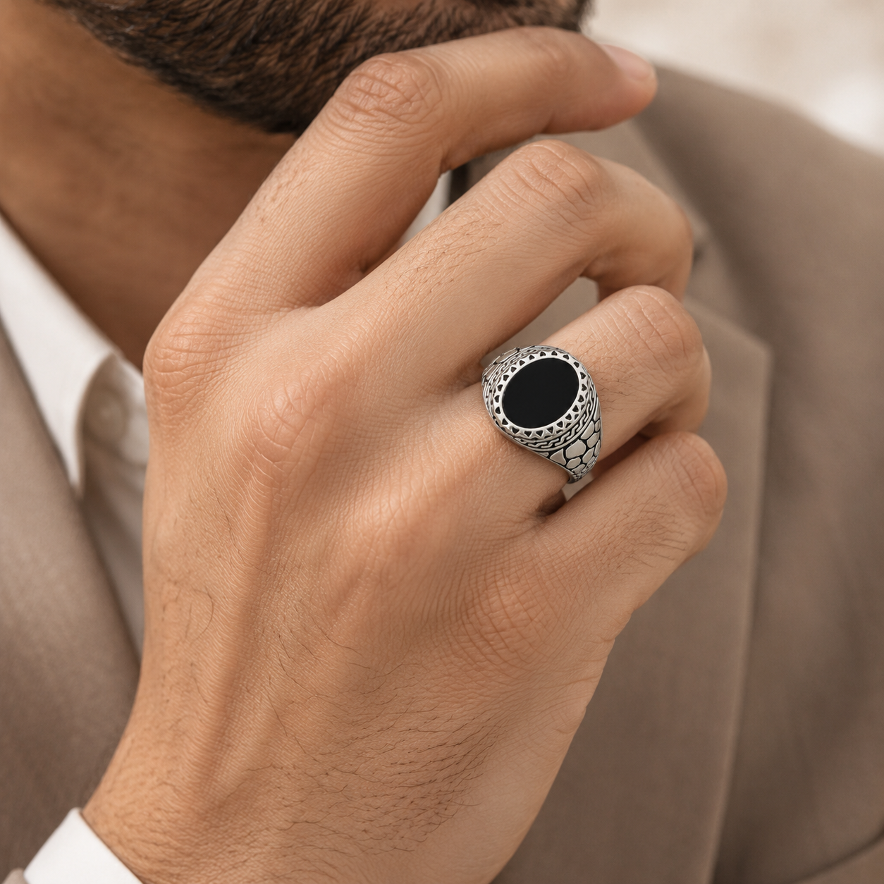 Kartik Royal Black Oval Silver Ring For Him