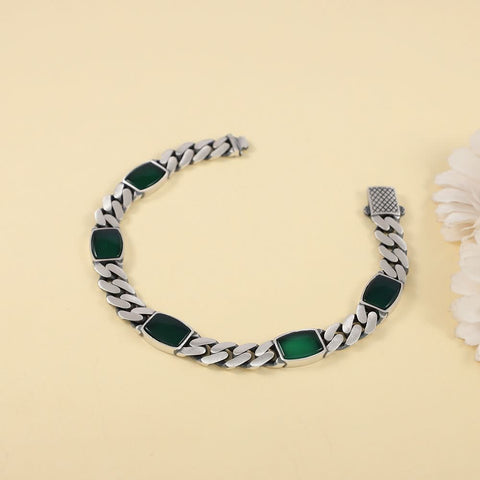 Ritvik Green Stone Silver Bracelet For Him