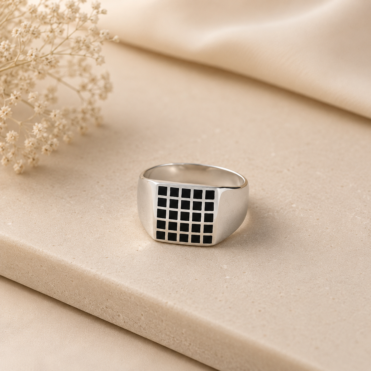 Keshav Classic Grid Silver Ring For Him