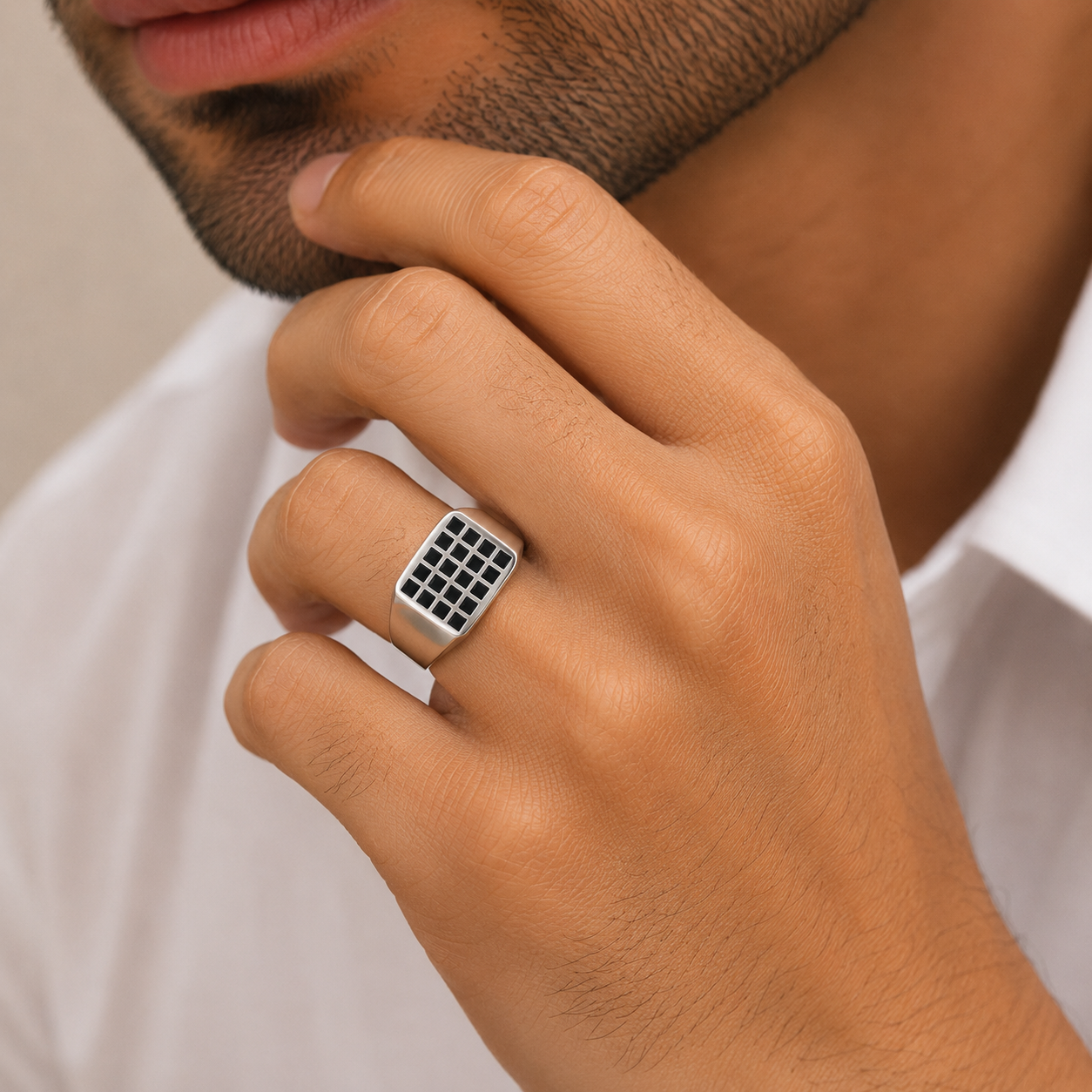 Keshav Classic Grid Silver Ring For Him