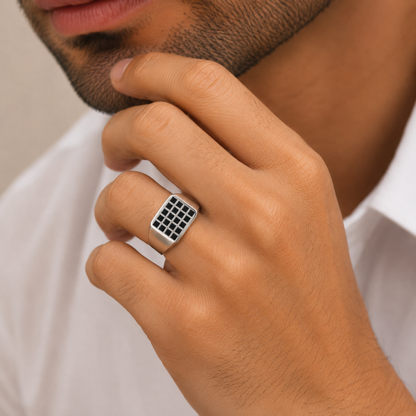 Keshav Classic Grid Silver Ring For Him