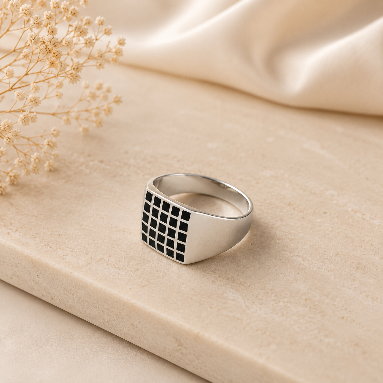 Keshav Classic Grid Silver Ring For Him