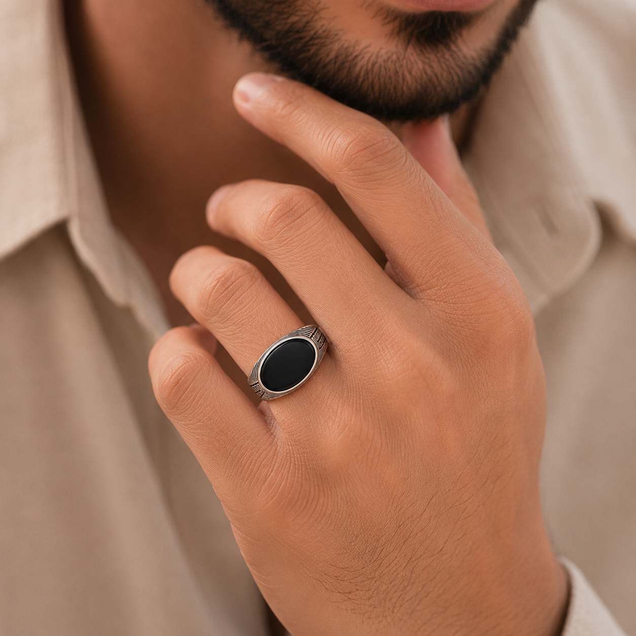 Kabir Black Stone Silver Ring For Him