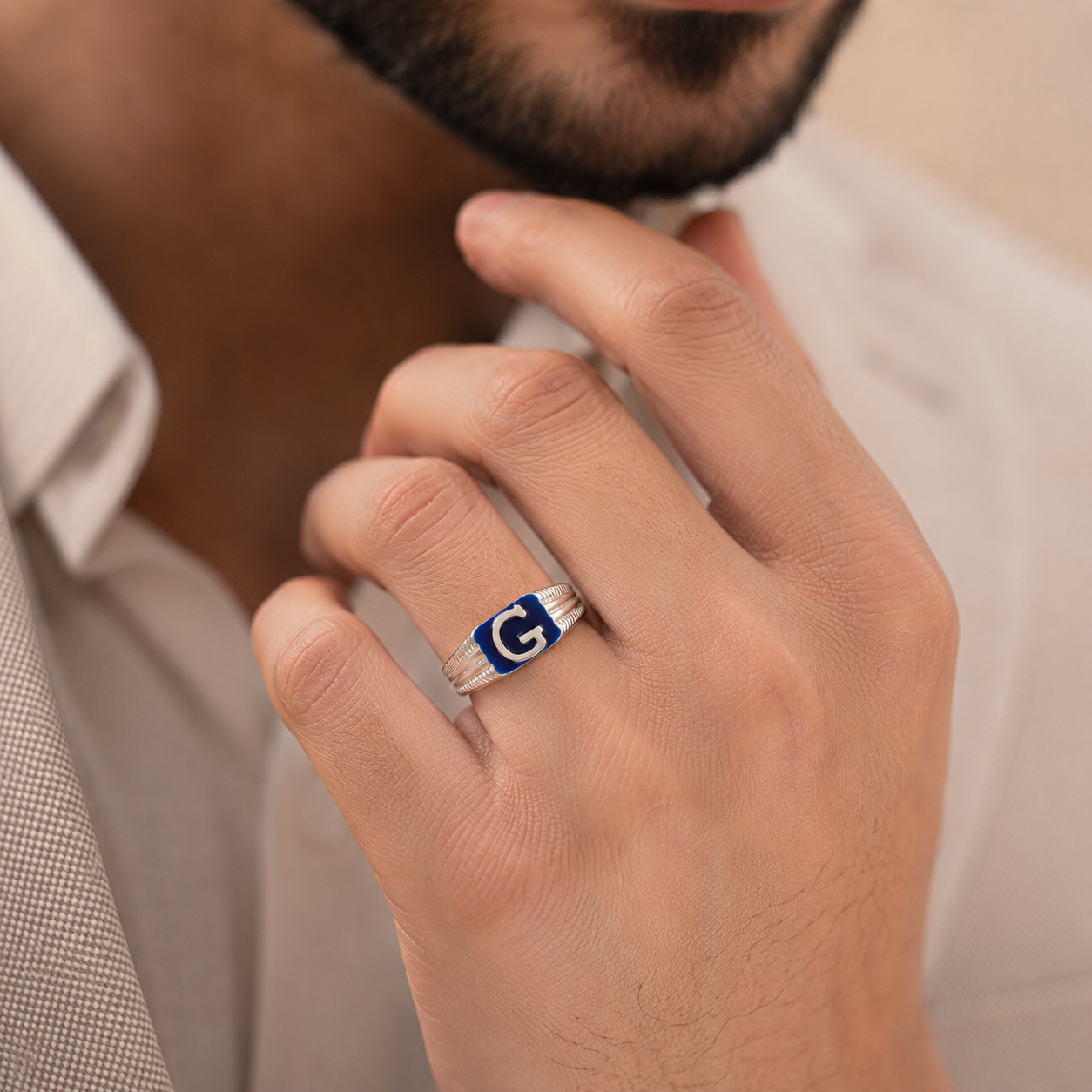 Ishan Premium G Initial Silver Ring For Him