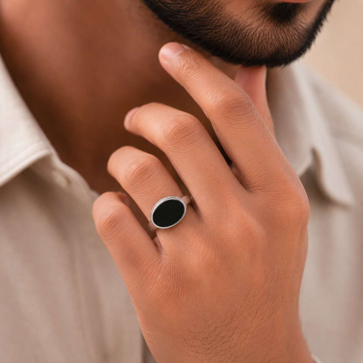 Reyansh Onyx Disc Silver Ring For Him