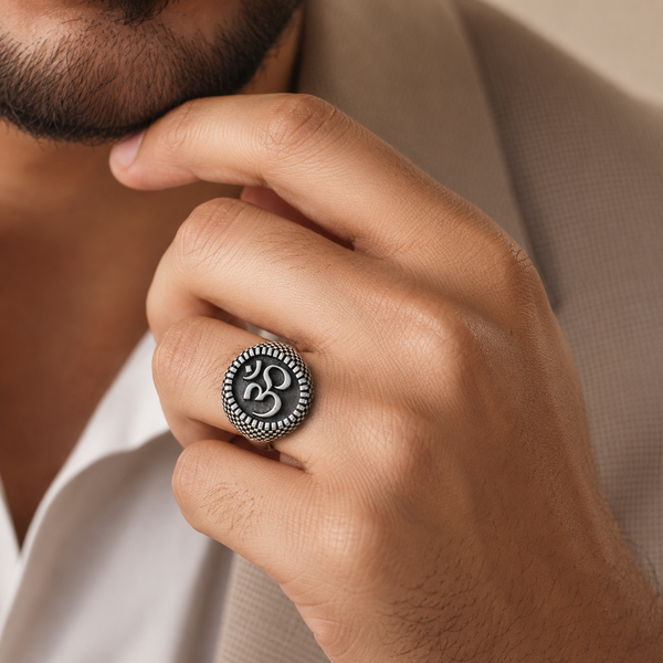 Nikhil Divine Om Crest Silver Ring For Him
